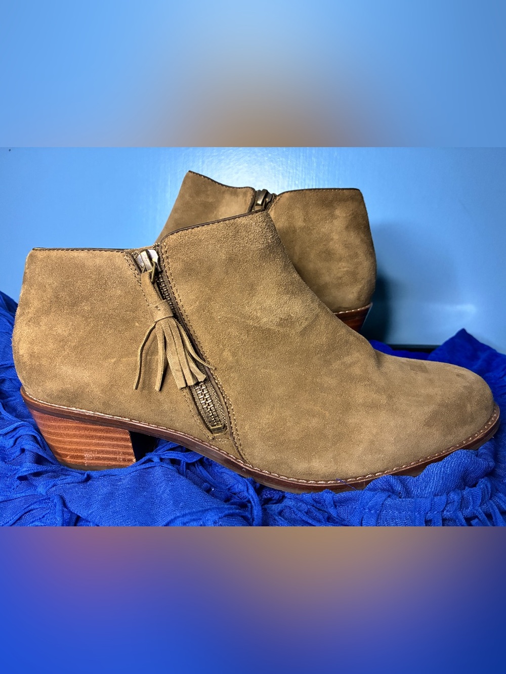 Vionic Tan Suede Ankle Heel Boots with Tassel Zip